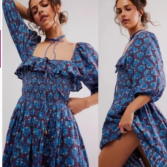 Nwot Free People Oasis Printed Midi Floral Blue  brown  Dress M - Picture 4 of 13